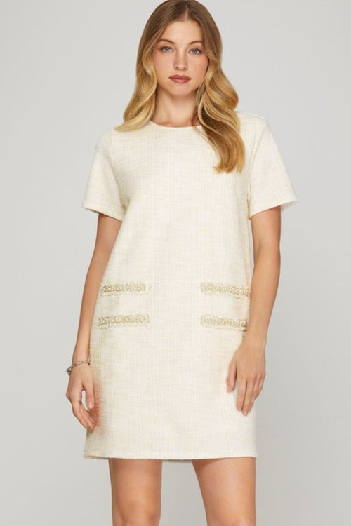 She + Sky Full Size Short Sleeve Pearl Studded Trim Knit Tweed Dress