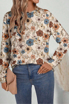 Floral Print Loose Crew Neck Long Sleeve T Shirt