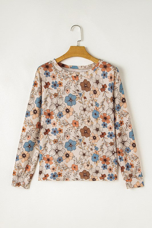 Floral Print Loose Crew Neck Long Sleeve T Shirt