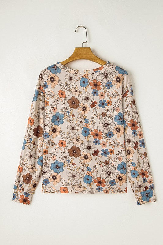 Floral Print Loose Crew Neck Long Sleeve T Shirt