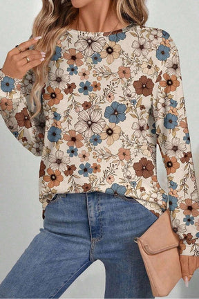 Floral Print Loose Crew Neck Long Sleeve T Shirt