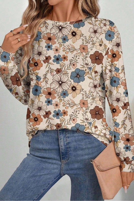 Floral Print Loose Crew Neck Long Sleeve T Shirt