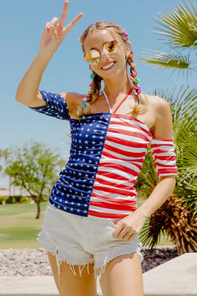 BiBi American Flag Off Shoulder With Front Ruched Top