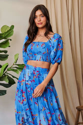 Davi & Dani Smocing Bodice Puff Short Sleeve Printed Crop Top
